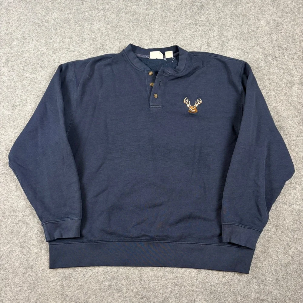 Deer Henley Sweatshirt Mens XL Blue Embroidered Head Hunting Nature Outdoors